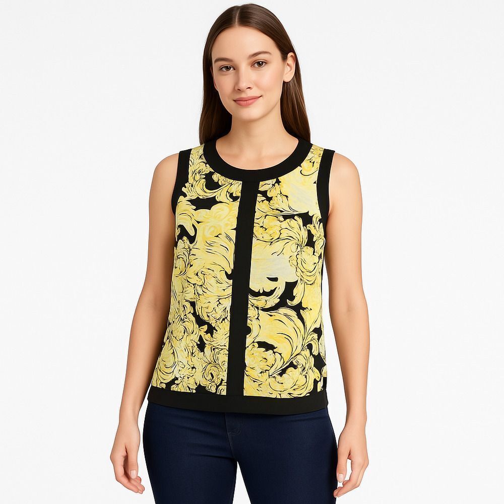 Eci New York Yellow Floral Contrast Round Neck Sleeveless Blouse Top Womens L